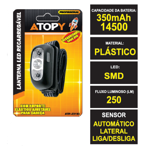 LANTERNA LED RECARREGAVEL CABEÇAA C/SENSOR LIG/DESL. - ATOPY